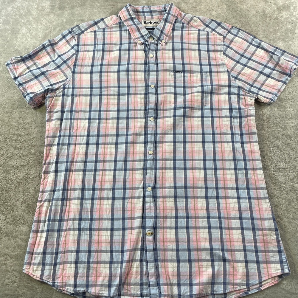 Barbour Shirt Mens XXL Plaid Blue‎ Pink Tailored Fit Casual Light Preppy Pastel